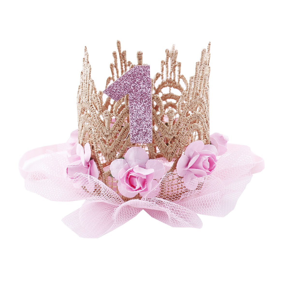 june bloomy 婴儿金色蕾丝玫瑰花皇冠 1 岁生日头带公主皇冠